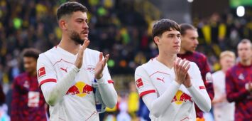 Dortmund - RB Leipzig / Bundesliga Dortmund, 04.10.2025, Signal-Iduna-Park, Fussball, Bundesliga, Spieltag 6 , BVB BORUSSIA DORTMUND vs. RB LEIPZIG 1:1 1:1 , Leipzigs Spieler nach Abpfiff vor der Fankurve. Im Bild v.l.: Romulo 40, RB Leipzig und Andrija Maksimovic 33, RB Leipzig , *** Dortmund RB Leipzig Bundesliga Dortmund, 04 10 2025, Signal Iduna Park, Soccer, Bundesliga, Matchday 6 , BVB BORUSSIA DORTMUND vs RB LEIPZIG 1 1 1 1 , Leipzigs players after the final whistle in front of the fan curve In the picture from l Romulo 40, RB Leipzig and Andrija Maksimovic 33, RB Leipzig , Picture Point