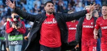 Spanien, Fussball, UEFA Europa League, Viertelfinale, Rückspiel, 2025/2026, RC Celta de Vigo vs. SC Freiburg, 16.04.2026, Estadio Balaidos, Vigo, Jubel, Emotionen, Die Mannschaft feiert den Einzug ins Halbfinale, Vincenzo Grifo SC Freiburg, 32, Derry Scherhant SC Freiburg, 07 Vigo Estadio Balaidos Galicien, Pontevedra Spanien *** Spain, Football, UEFA Europa League, Quarter-final, Second leg, 2025 2026, RC Celta de Vigo vs SC Freiburg, 16 04 2026, Estadio Balaidos, Vigo, Cheers, Emotions, The team celebrates reaching the semi-finals, Vincenzo Grifo SC Freiburg, 32 , Derry Scherhant SC Freiburg, 07 Vigo Estadio Balaidos Galicia, Pontevedra Spain Copyright: xArnexAmbergx