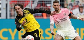 Dortmund, Germany, 11.04.26, Fabio Silva Borussia Dortmund und Robert Andrich Bayer 04 Leverkusen im Zweikampf während des Spiels der 1. Bundesliga zwischen Borussia Dortmund - Bayer 04 Leverkusen im Signal Iduna Park in Dortmund. Photo by Joachim Bywaletz / DFB / DFL REGULATIONS PROHIBIT ANY USE OF PHOTOGRAPHS AS IMAGE SEQUENCES AND/OR QUASI-VIDEO. *** Dortmund, Germany, 11 04 26, Fabio Silva Borussia Dortmund and Robert Andrich Bayer 04 Leverkusen in a duel during the Bundesliga 1 match between Borussia Dortmund Bayer 04 Leverkusen at Signal Iduna Park in Dortmund Photo by Joachim Bywaletz DFB DFL REGULATIONS PROHIBIT ANY USE OF PHOTOGRAPHS AS IMAGE SEQUENCES AND OR QUASI VIDEO Copyright: JoachimxBywaletz/xJB-Sportfoto