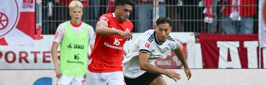12.09.2026, xsltx, Fussball 1.Bundesliga, FSV Mainz 05 - Eintracht Frankfurt v.l. Nadiem Amiri 1. FSV Mainz 05, Younes Ebnoutalib Eintracht Frankfurt DFL/DFB REGULATIONS PROHIBIT ANY USE OF PHOTOGRAPHS as IMAGE SEQUENCES and/or QUASI-VIDEO *** September 12, 2026, xsltx, Soccer 1 Bundesliga, FSV Mainz 05 vs. Eintracht Frankfurt, Nadiem Amiri 1 FSV Mainz 05, Younes Ebnoutalib Eintracht Frankfurt. DFL and DFB regulations prohibit any use of photographs as image sequences and/or quasi-video.