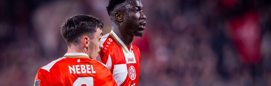 SIGMA OLOMOUC - MAINZ Paul Nebel, Silas Katompa Mvumpa of Mainz during the 1st leg Round of 16 of UEFA Conference league football match between Sigma Olomouc and 1. FSV Mainz 05. Olomouc, Czechia, March 12, 2026. Photo by Branislav Racko Copyright: xx 080A7597