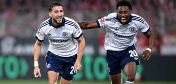 11.09.2026, Fussball, Saison 2026/2027, Bundesliga, 1. FC Union Berlin - FC Schalke 04, Adil Aouchiche FC Schalke 04 freut sich über das Tor zum 0:2 mit Junior Adamu FC Schalke 04 xRHR-FOTO/YYx *** September 11, 2026, Soccer, 20262027 season, Bundesliga, 1. FC Union Berlin vs. FC Schalke 04, Adil Aouchiche of FC Schalke 04 celebrates the goal that made it 02, scored by Junior Adamu. FC Schalke 04 xRHR PHOTO YYx Copyright: KROEGER/RHR-FOTOx RHR-FOTO/YY