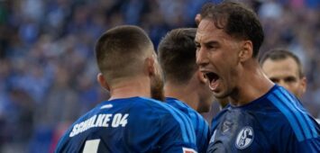 Gelsenkirchen, Germany, 20.09.26, Hasan Kurucay FC Schalke 04 und Nikola Katic FC Schalke 04 waehrend des Spiels der 1. Bundesliga zwischen FC Schalke 04 - SV Elversberg in der Veltins Arena in Gelsenkirchen. Photo by Joachim Bywaletz / DFB / DFL REGULATIONS PROHIBIT ANY USE OF PHOTOGRAPHS AS IMAGE SEQUENCES AND/OR QUASI-VIDEO. *** Gelsenkirchen, Germany, September 26, 2020, Hasan Kurucay of FC Schalke 04 and Nikola Katic of FC Schalke 04 during the Bundesliga 1 match between FC Schalke 04 and SV Elversberg at the Veltins Arena in Gelsenkirchen. Photo by Joachim Bywaletz. DFB and DFL regulations prohibit any use of photographsOGRAPHS AS IMAGE SEQUENCES AND/OR QUASI-VIDEO Copyright: JoachimxBywaletz/xJB-Sportfoto