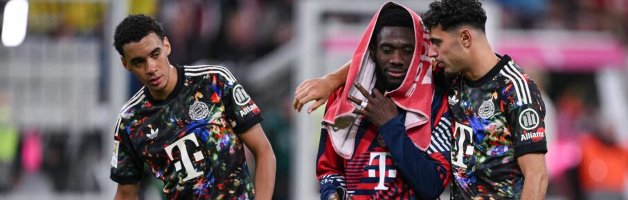 Jamal Musiala, Alphonso Davies und Aleksandar Pavlovic vom FC Bayern München