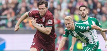 v.li.: Michael Gregoritsch FC Augsburg, 11 und Marco Grüll SV Werder Bremen, 17 im Zweikampf, Duell, Dynamik, Aktion, Action, Spielszene, DIE DFL-RICHTLINIEN UNTERSAGEN JEGLICHE NUTZUNG VON FOTOS ALS SEQUENZBILDER UND/ODER VIDEOAÌHNLICHE FOTOSTRECKEN. DFL REGULATIONS PROHIBIT ANY USE OF PHOTOGRAPHS AS IMAGE SEQUENCES AND/OR QUASI-VIDEO., 19.09.2026, Bremen Deutschland, Fussball, Bundesliga, SV Werder Bremen - FC Augsburg *** From left: Michael Gregoritsch FC Augsburg, 11 and Marco Grüll SV Werder Bremen, 17 in a one-on-one, duel, dynamic moment, action, game scene, DFL REGULATIONS PROHIBIT ANY USE OF PHOTOGRAPHS AS IMAGE SEQUENCES AND/OR VIDEO-LIKE PHOTO SERIES, DFL REGULATIONS PROHIBIT ANY USE OF PHOTOGRAPHS AS IMAGE SEQUENCES AND/OR QUASI-VIDEO, September 19, 2026, Bremen, Germany, Soccer, Bundesliga, SV Werder Bremen vs. FC Augsburg xobx