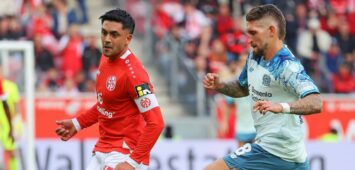 Robert Andrich von Bayer Leverkusen und Nadiem Amiri vom 1. FSV Mainz 05
